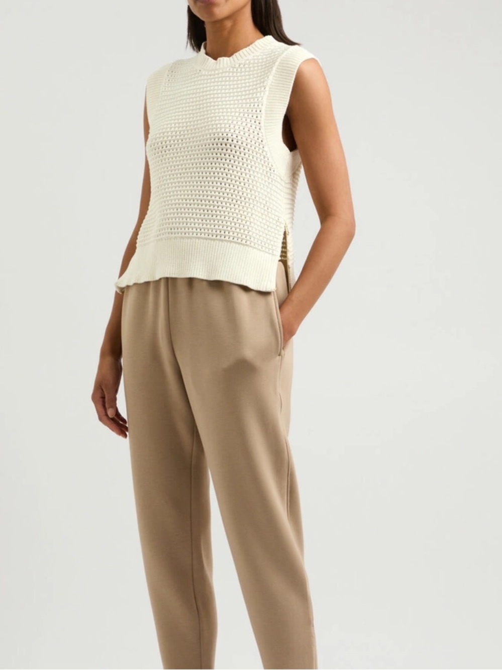 Varley Open-Knit V-Neck Sleeveless Vest in Cream - Picture 3 of 9